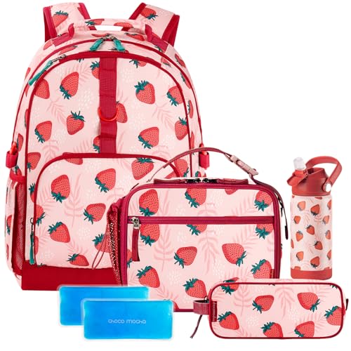 Choco Mocha Strawberry Backpack Set Kids Backpacks for Girls, Girls Backpack with Lunch Box & Water Bottle, Elementary School Bookbag Age 6-8 17 Inch, Pink - color: Strawberry Pink