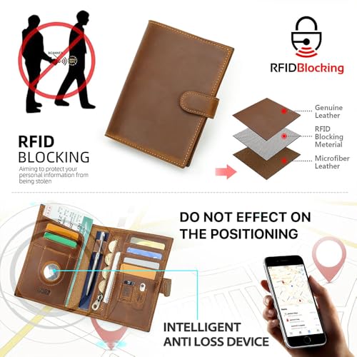 CONTACTS 풀 그레인 가죽 에어태그 여권 홀더 RFID 차단 여행용 여권 지갑 핸드메이드, 카멜 브라운, 플레인 스냅 - color: 카멜 브라운, style: 플레인 스냅