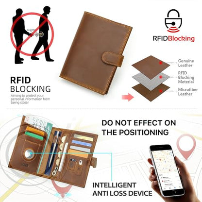 CONTACTS 풀 그레인 가죽 에어태그 여권 홀더 RFID 차단 여행용 여권 지갑 핸드메이드, 카멜 브라운, 플레인 스냅 - color: 카멜 브라운, style: 플레인 스냅