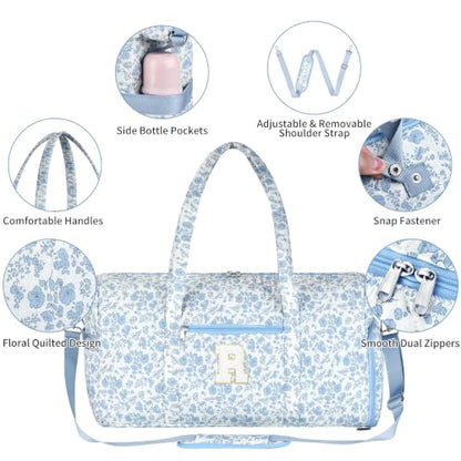 Personalized Quilted Duffle Bag for Travel Gym Weekender Hospital Carry On - color: Blue Flower, size: R