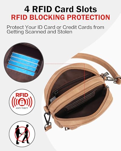 FADEON Small Purses for Women Crossbody Bags, RFID Anti-Theft 4 Card Slots - color: Camel Brown Retro Style