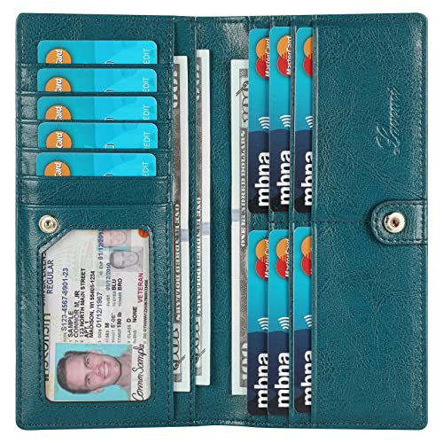Lavemi Ultra Slim Thin Leather Women Wallet RFID Blocking Credit Card Holder Bifold Long Ladies Billfold - color: 1-waxed Peacock Blue