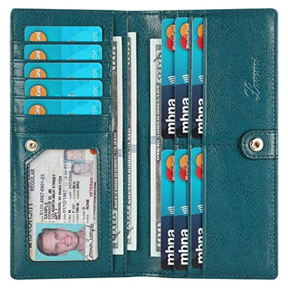Lavemi Ultra Slim Thin Leather Women Wallet RFID Blocking Credit Card Holder Bifold Long Ladies Billfold - color: 1-waxed Peacock Blue