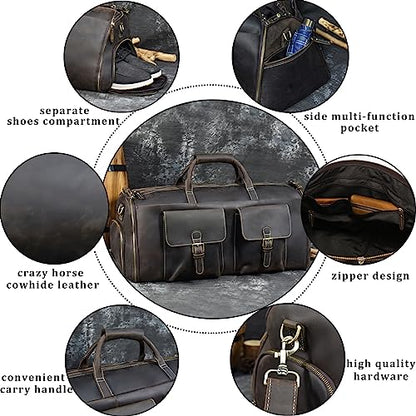 Leather Garment Bag for Men, Convertible Carry on Garment Duffel Bag for Travel Weekender Bag 2 in 1 Hanging Suitcase Suit Bag - color: Dark Brown