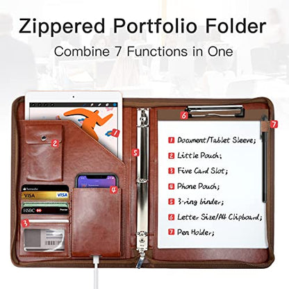 WRIYES Zippered Portfolio Organizer with 3 Ring Binder, Brown - color: Brown2
