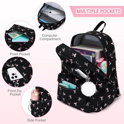 3PCS Corduroy Girls Backpack w/ Lunch Box & Pencil Bag (Black Bow Tie) - color: Black Bow Tie