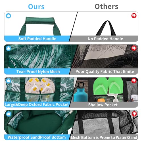 KABAQOO Mesh Beach Bag, Extra Large Beach Bags with 9 Pockets & Zipper Waterproof Lightweight Beach Tote for Beach/Pool Trip - color: Coconut Tree, size: X-Large