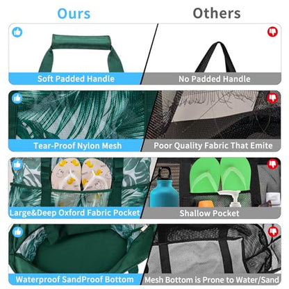 KABAQOO Mesh Beach Bag, Extra Large Beach Bags with 9 Pockets & Zipper Waterproof Lightweight Beach Tote for Beach/Pool Trip - color: Coconut Tree, size: X-Large