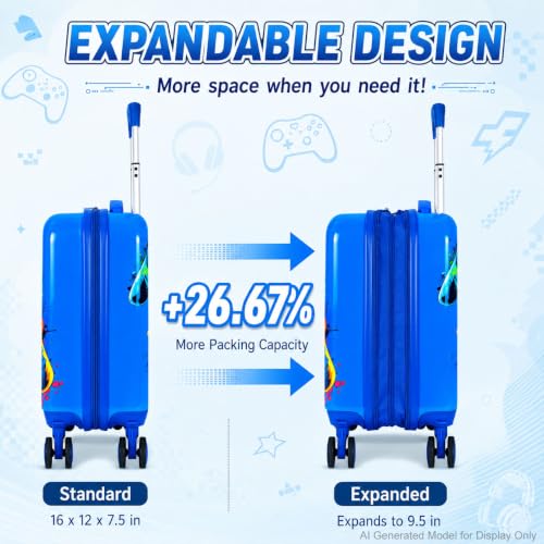 Boys Suitcase, Lightweight Hardshell Spinner Kids Luggage Set 2PCS with Wheels - Airplane Approved Carry-On for Children Ages 3-10, Energetic Game Rolling Suitcases for Elementary Toddler Travel - color: Blue Fun Game Luggage 2PCS Set