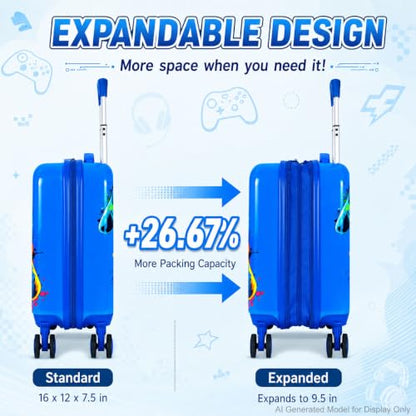 Boys Suitcase, Lightweight Hardshell Spinner Kids Luggage Set 2PCS with Wheels - Airplane Approved Carry-On for Children Ages 3-10, Energetic Game Rolling Suitcases for Elementary Toddler Travel - color: Blue Fun Game Luggage 2PCS Set
