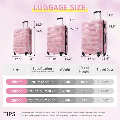 Merax Hardshell Luggage Set,3-Piece Printed Travel Suitcases,Pink - color: Pink, size: 3 Piece(20/24/28)