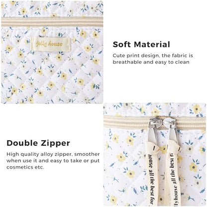 HBselect Quilted Makeup Bag, 3Pcs Cotton Large Travel Makeup Bags Organizer - color: A-3PCS-Yellowflower