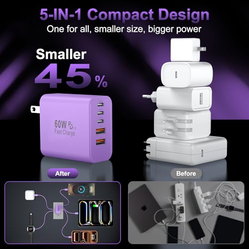 USB C 고속 벽 충전기 블록, 60W USBC 충전 큐브 2팩, 5포트 PD+QC 전원 어댑터 멀티포트 브릭 타입 C 박스 플러그 휴대폰 17/16/15/14/13/12/11/프로 맥스/플러스, 패드 미니/프로/S25/S24-퍼플 - color: 퍼플-2팩