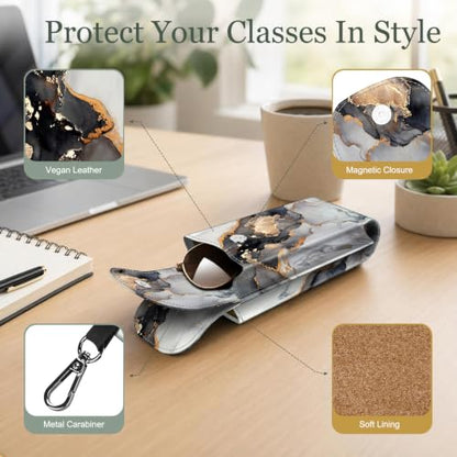 FINTIE Double Glasses Case with Carabiner Hook, Vegan Leather Eyeglass Case - color: Cloudy Marble