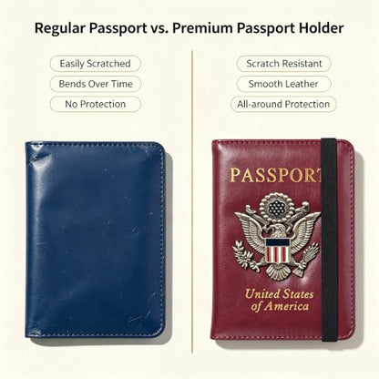 Premium Passport Holder for Travel RFID Blocking Passport Cover Slim - color: Wine Red