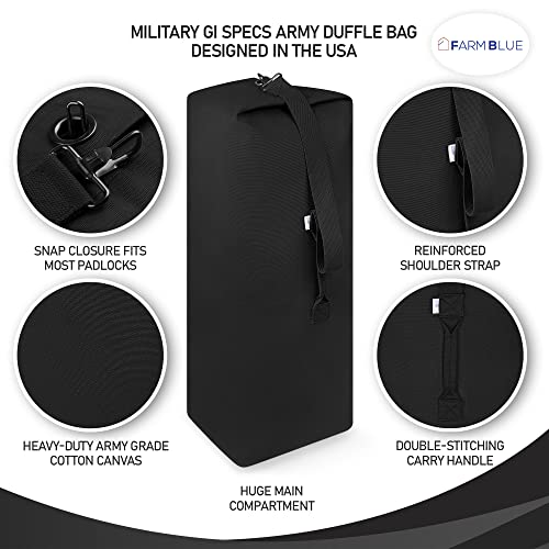 Farm Blue Top Load Duffle Bag -Military Duffel Bags - Heavy Duty Army Grade Cotton Canvas Duffel Bags For Men Women & Students - Front Loading Tactical Gear Sack - 21" x 36" - Black - color: Black, size: Large