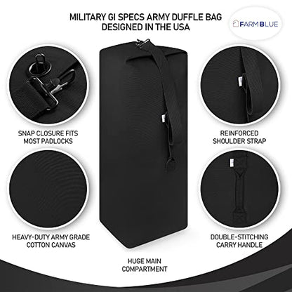 Farm Blue Top Load Duffle Bag -Military Duffel Bags - Heavy Duty Army Grade Cotton Canvas Duffel Bags For Men Women & Students - Front Loading Tactical Gear Sack - 21" x 36" - Black - color: Black, size: Large