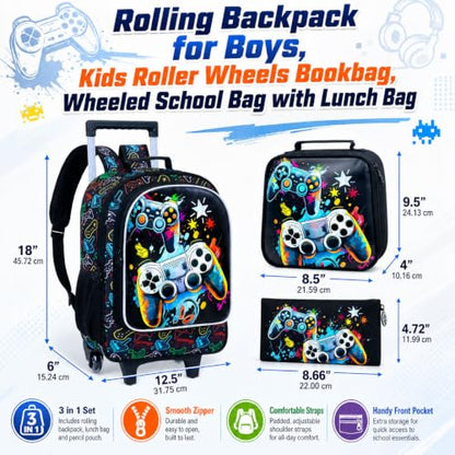 KLFVB Rolling Backpack for Girls Boys, Kids Roller Wheels School Bookbag with Lunch Bag, Wheeled School Bag for Children - color: Upgraded Uv Printing Game Console Set