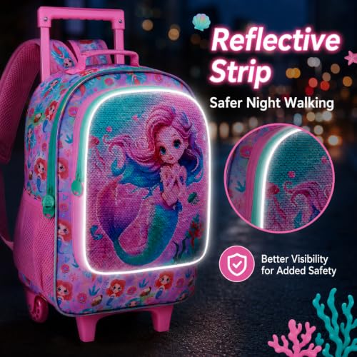 KLFVB Rolling Backpack for Girls Boys, Kids Roller Wheels School Bookbag with Lunch Bag, Wheeled School Bag for Children - color: Reversible Sequins Mermaid Rolling Backpack Set