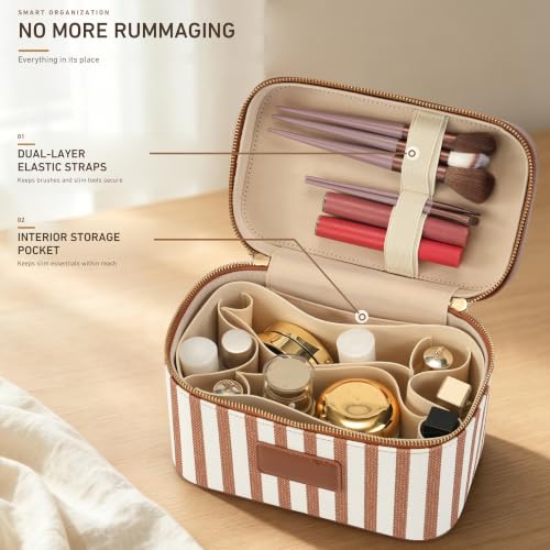 Makeup Bag Travel Toiletry Leather Cosmetic Case, Waterproof Makeup Organizer with Brush Holder, Wipe Clean Removable Divider Vanity Train Bag for Women, Caramel Brown - color: Caramel Brown