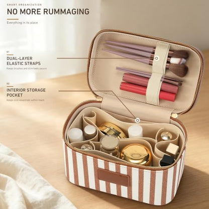 Makeup Bag Travel Toiletry Leather Cosmetic Case, Waterproof Makeup Organizer with Brush Holder, Wipe Clean Removable Divider Vanity Train Bag for Women, Caramel Brown - color: Caramel Brown