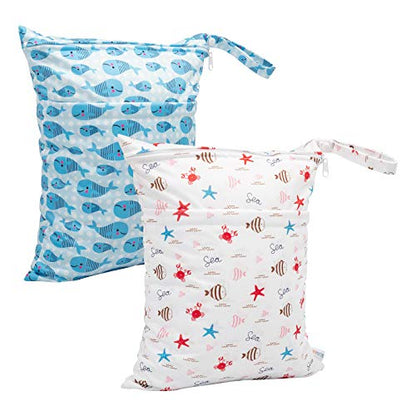 ALVA 2pcs Wet Dry Bags for Diaper Bag Waterproof Reusable with Two Pockets - color: Sea animals