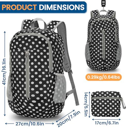 ZOMAKE Lightweight Packable Backpack 25L, Foldable Hiking Daypack - color: Black, White Polka Dot, size: 25L
