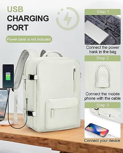 WONHOX Large Travel Laptop Backpack Expandable Flight Approved Backpack Carry on Backpack for Women Men Waterproof 17inch Laptop Daypack Hiking Work Backpack with Shoe Compartment Moon White - color: A11-off-white