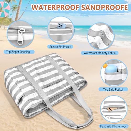 Extra Large Beach Bags for Women Waterproof Sandproof Beach Tote Bag - color: Grey White