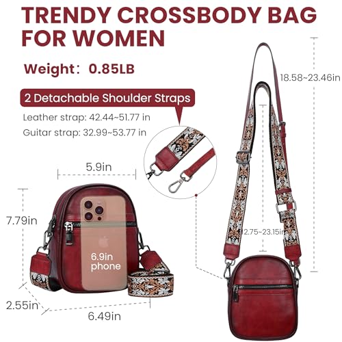 HESHE Small Leather Crossbody Bag for Women Cell Phone Bags Shoulder Purses - color: Wine