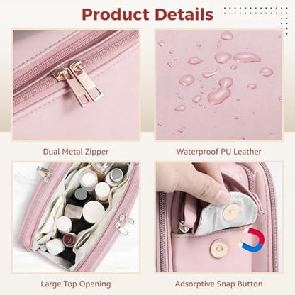 Travel Makeup Bag for Women, Large Capacity Cosmetic Organizer, Multi-Layer Toiletry Bag with Handle, Waterproof PU Leather Portable Makeup Zippered Case with Standing Brush Holder