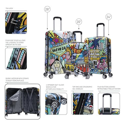 InUSA Cities Print Luggage with Spinner Wheels | Durable Lightweight Hardside Suitcase | Travel Bag with Handle and Trolley | (20in, 24in, 28in) 3 Piece Set - color: Cities, size: 3 Piece Set (20/24/28)