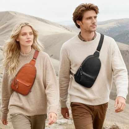 S-ZONE Leather Sling Bags for Women Men Fanny Packs Chest Bag RFID Blocking - color: Cognac