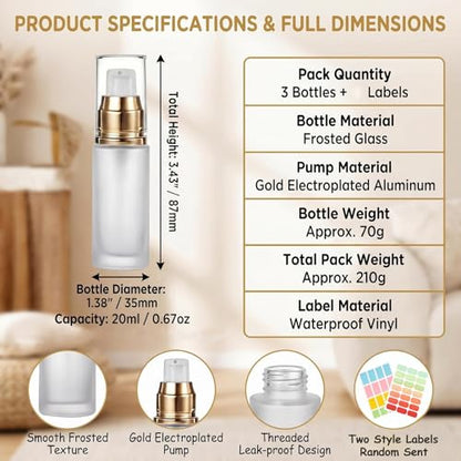 3Pcs 0.7oz Clear Frosted Glass Lotion Pump Bottles with Stickers - size: 20ML/0.7oz