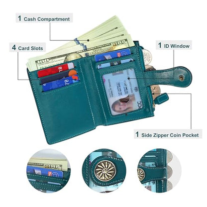Tipmile Small Wallet for Women Bifold RFID Blocking Card Holder Leather Wallets with Zipper Coin Pocket - color: Peacock Blue