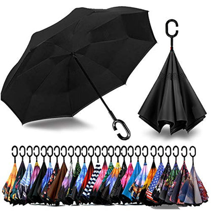 SIEPASA 49/56 Inch Inverted Reverse Upside Down Umbrella, Extra Large Double Canopy Vented Windproof Waterproof Stick Golf Umbrellas with C-shape Handle. - color: Black, size: 49 Inch