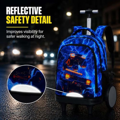 20 Inches Large Wheels Rolling Backpack for Boys with Detachable, 3Pcs Kids Lightning Truck Wheeled Backpack Set for Elementary School (Blue) - color: Lightning Dual-cab Truck (Large Wheels)