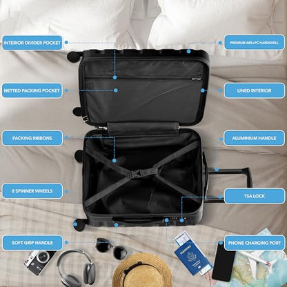 Flight Knight 22x18x10" Expandable Carry On Suitcase Hardside TSA Lock & USB C Port Lightweight Luggage Silent Double Spinner Wheels Maximum Spirit Overhead Carry-On Bag Airlines Approved Black - color: Black, size: 22x18x10"