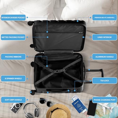 Flight Knight 22x18x10" Expandable Carry On Suitcase Hardside TSA Lock & USB C Port Lightweight Luggage Silent Double Spinner Wheels Maximum Spirit Overhead Carry-On Bag Airlines Approved Black - color: Black, size: 22x18x10"