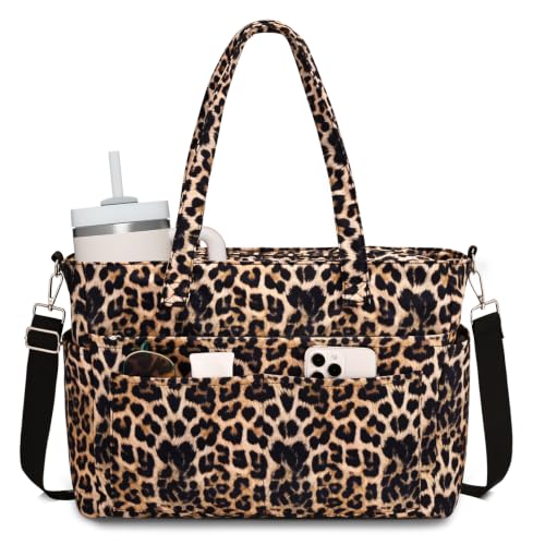 oscaurt Work Tote Bag for Women, 19 Pockets Laptop Tote, Large Teacher Tote - color: Leopard