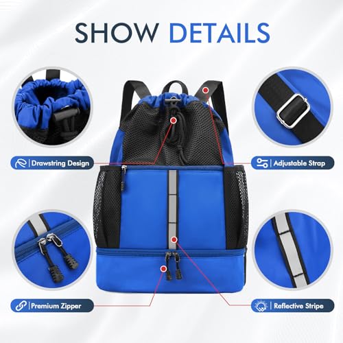 PinCute Drawstring Backpack for Men Women, Mesh Gym Bag for Beach - color: Blue