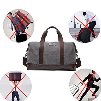 Travel Duffle Bag Canvas Leather Gym Weekend Bag (Grey) - color: Grey