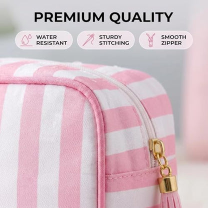 Preppy Striped Makeup Bag for Women, Structured Travel Cosmetic Pouch with Protective Sponge Padding, Large Canvas Toiletry Organizer with Tassel Zipper for Daily Purse(Pink bow) - color: Pink bow