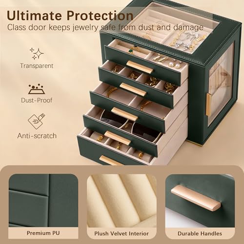 Homeanda Jewelry Boxes with Glass Lid, 5-Layer Large PU Leather, Green - color: Green, size: 5 Layer