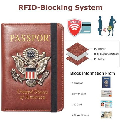 Premium Passport Holder for Travel RFID Blocking Passport Cover Slim - color: Brown