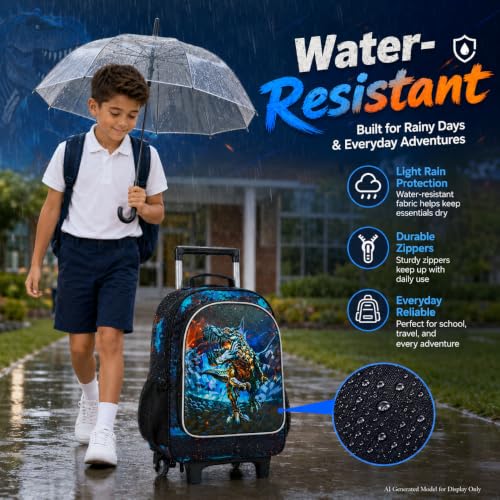 CCJPX Rolling Backpack for Boys, Kids Roller School Bag with Wheels Toddler Wheeled Bookbag Elementary - color: Black Dinosaur