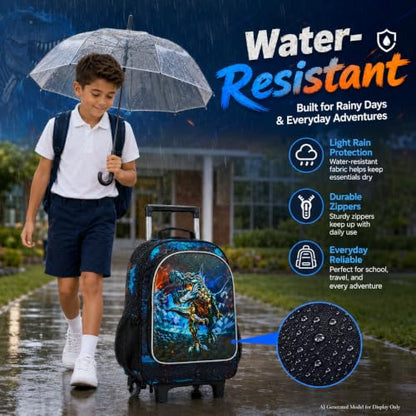 CCJPX Rolling Backpack for Boys, Kids Roller School Bag with Wheels Toddler Wheeled Bookbag Elementary - color: Black Dinosaur