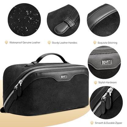 BOYATU Genuine Leather Travel Makeup Bag: Hand-made 3 Pcs Set Cosmetic Bags - color: 07Black