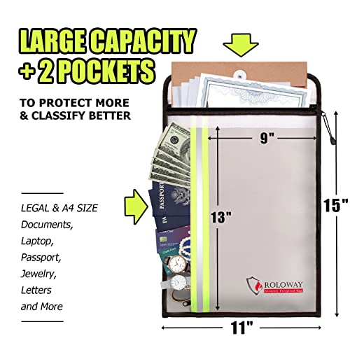 ROLOWAY Fireproof Document Bag (15 x 11 inch) with 2 Pockets, Fire Safe Envelope Bag for Cash, Legal Documents (Silver) (Pack of 2) - size: 15 x 11 inch (Pack of 2), style: Silver Fireproof Bag