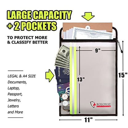 ROLOWAY Fireproof Document Bag (15 x 11 inch) with 2 Pockets, Fire Safe Envelope Bag for Cash, Legal Documents (Silver) (Pack of 2) - size: 15 x 11 inch (Pack of 2), style: Silver Fireproof Bag
